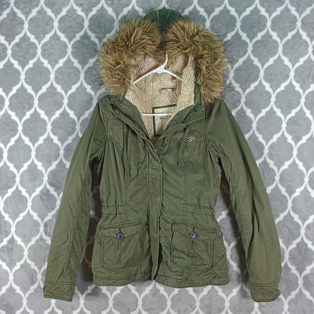 Hollister Utility Jacket Women S Olive Green Wolf Jaw Sherpa Lined Coat